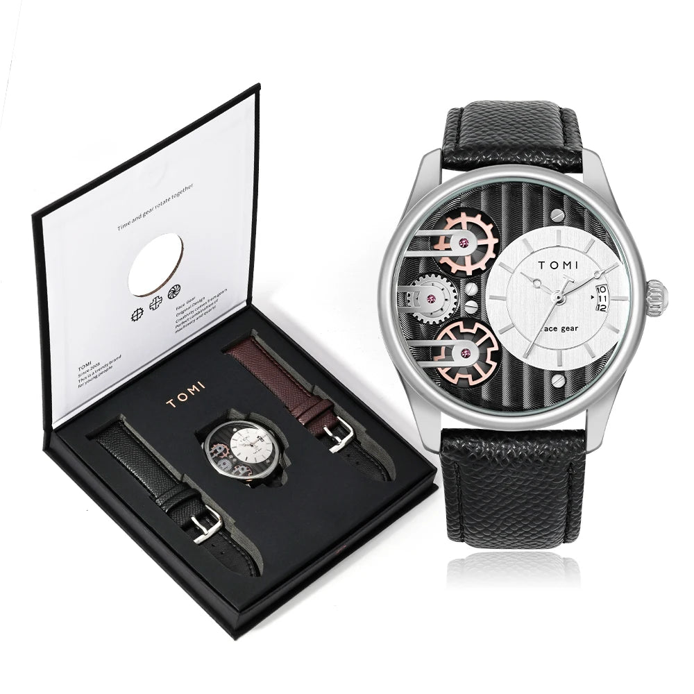 Herren Quarzuhr Geschenkset | 2 PU-Leder Armbänder | Schlicht, Business