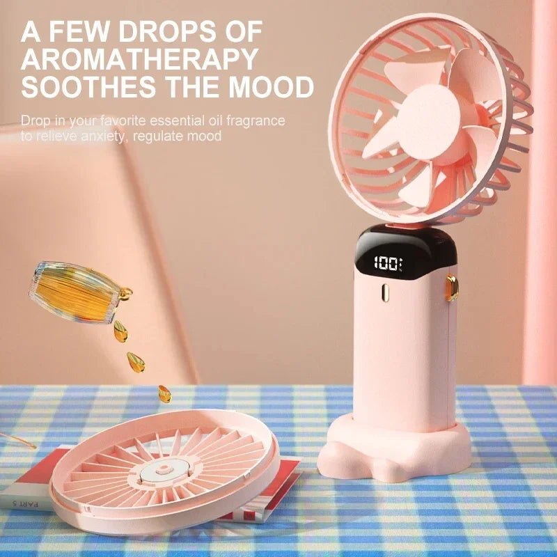 Tragbarer Mini-Handventilator / Halsventilator (faltbar) – 5 Geschwindigkeitsstufen, USB-aufladbar, mit Handyhalterung und Display, 1800 mAh