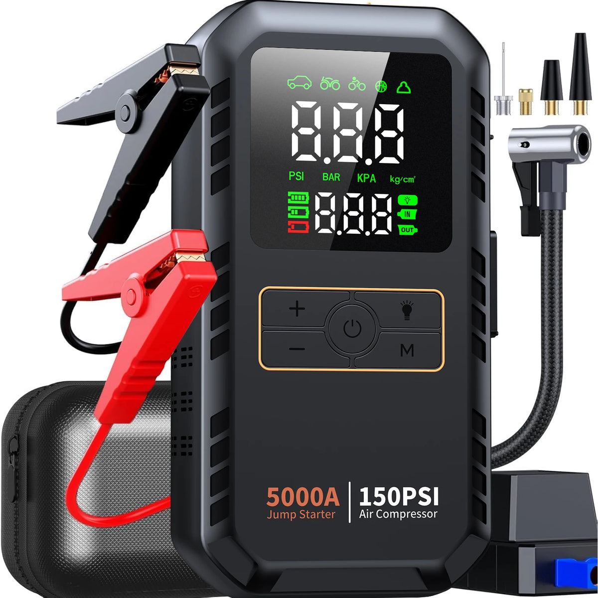 4-in-1 Auto-Starthilfe mit Kompressor – 12 V, Reifenfüller & Powerbank