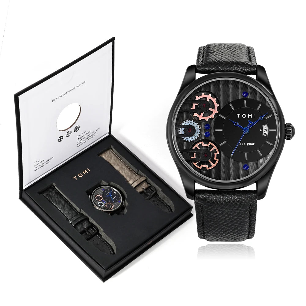 Herren Quarzuhr Geschenkset | 2 PU-Leder Armbänder | Schlicht, Business