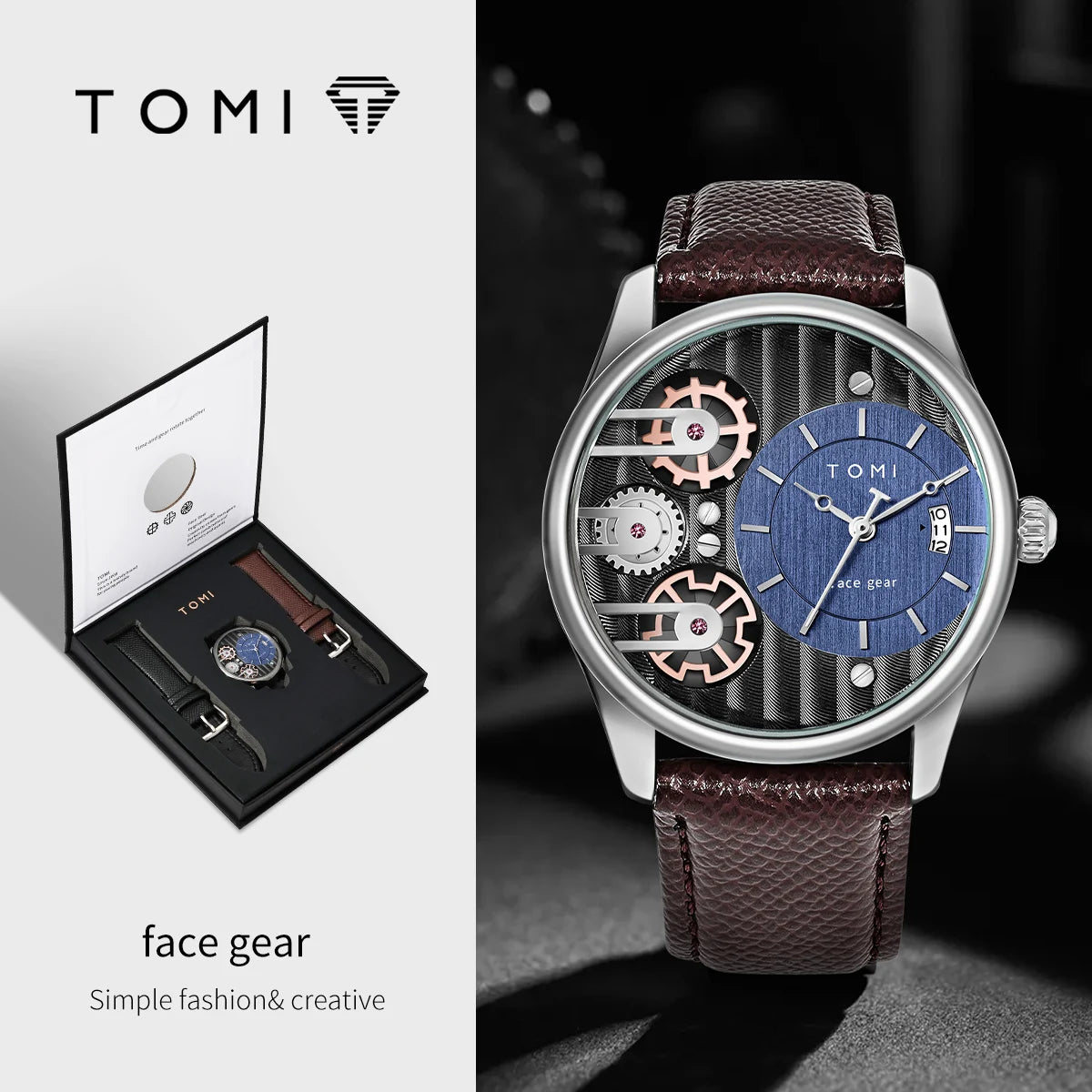 Herren Quarzuhr Geschenkset | 2 PU-Leder Armbänder | Schlicht, Business
