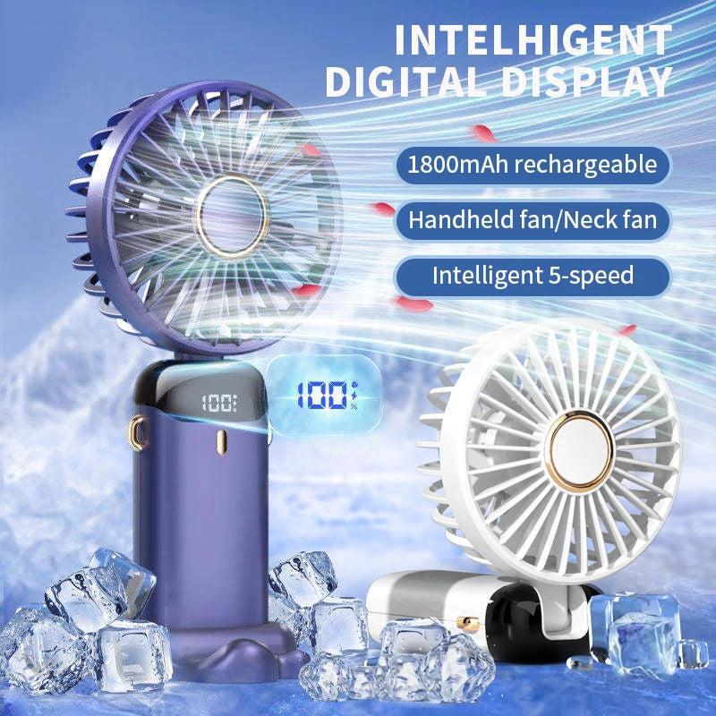 Tragbarer Mini-Handventilator / Halsventilator (faltbar) – 5 Geschwindigkeitsstufen, USB-aufladbar, mit Handyhalterung und Display, 1800 mAh