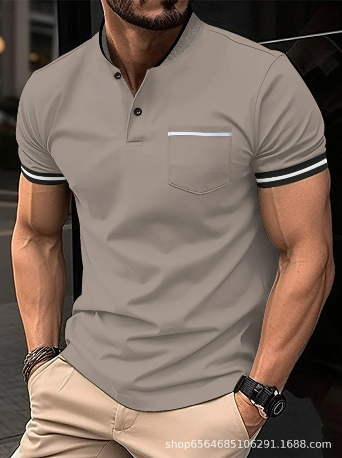 Herren Poloshirt Kurzarm | Stehkragen, Patchwork, atmungsaktiv