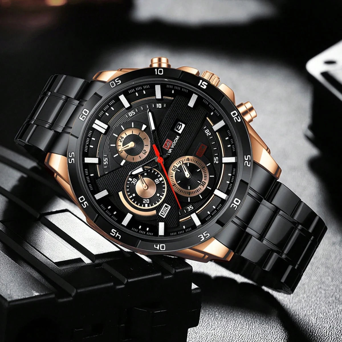 Schwarze Herren-Quarzuhr 216G mit Edelstahlarmband und sportlichem Racing-Design