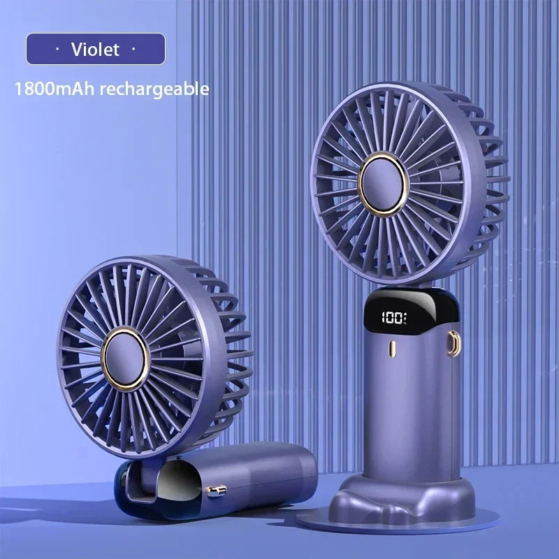 Tragbarer Mini-Handventilator / Halsventilator (faltbar) – 5 Geschwindigkeitsstufen, USB-aufladbar, mit Handyhalterung und Display, 1800 mAh