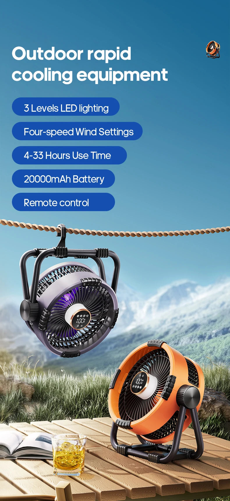 Campingventilator mit Akku, LED & Powerbank