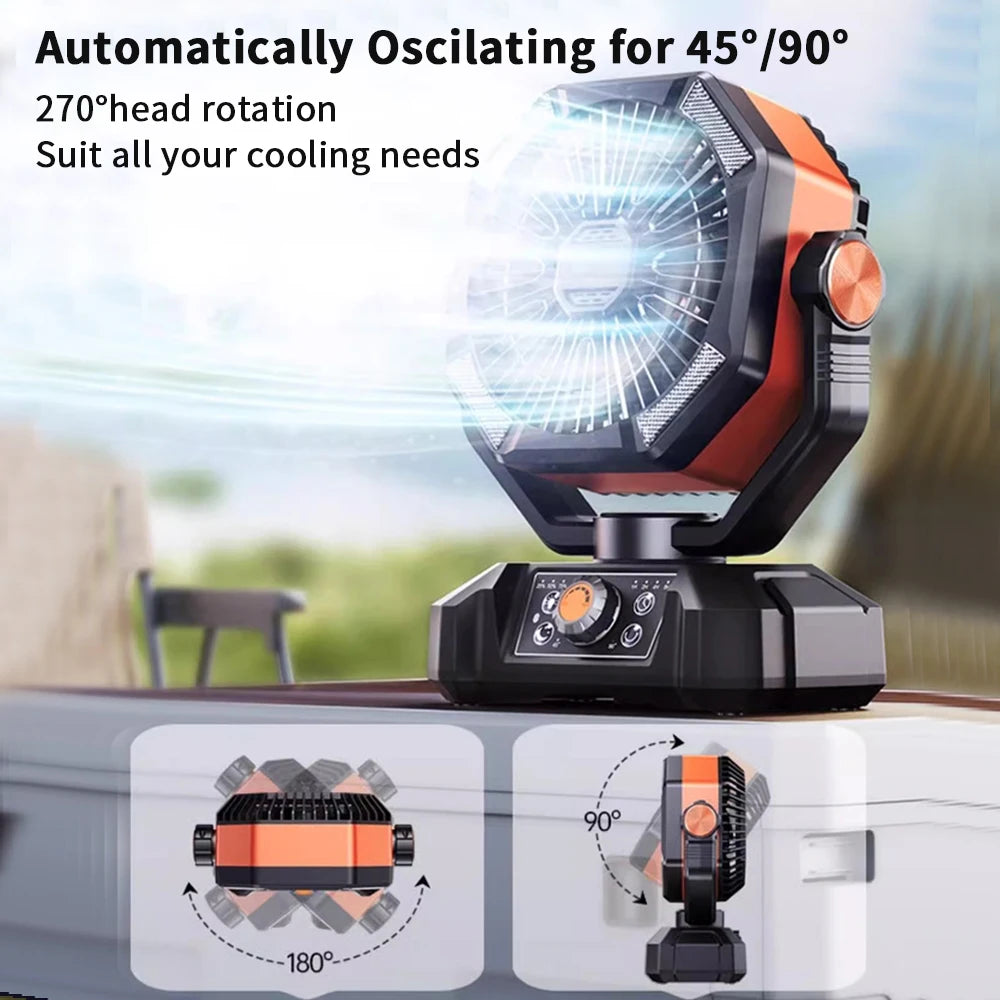 Camping-Ventilator mit Akku & LED-Licht | Tragbar für Outdoor & Zelt