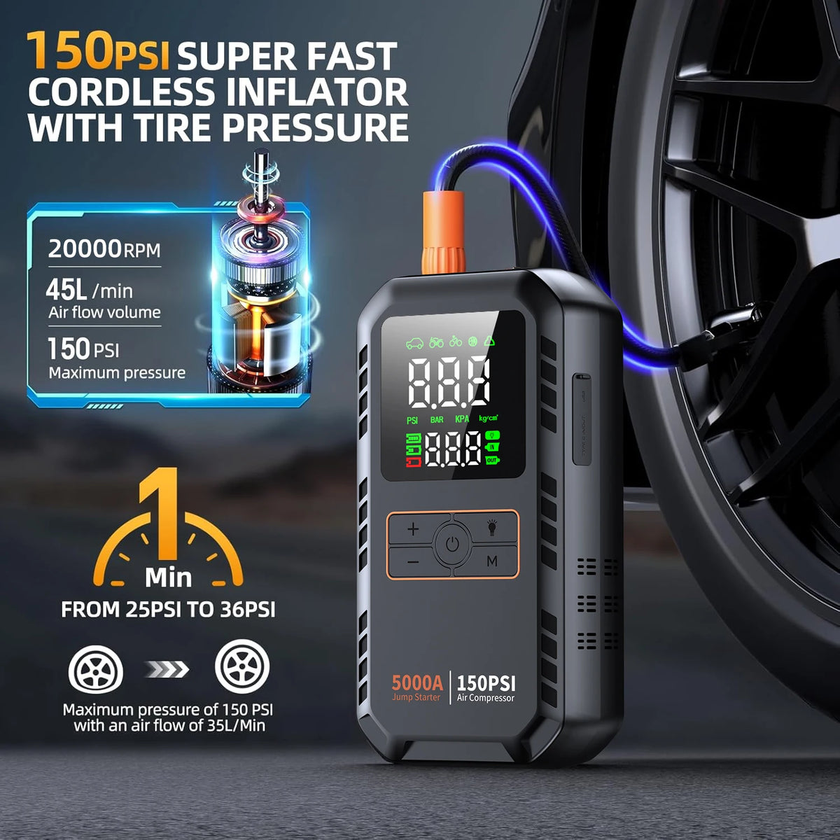 4-in-1 Auto-Starthilfe mit Kompressor – 12 V, Reifenfüller & Powerbank