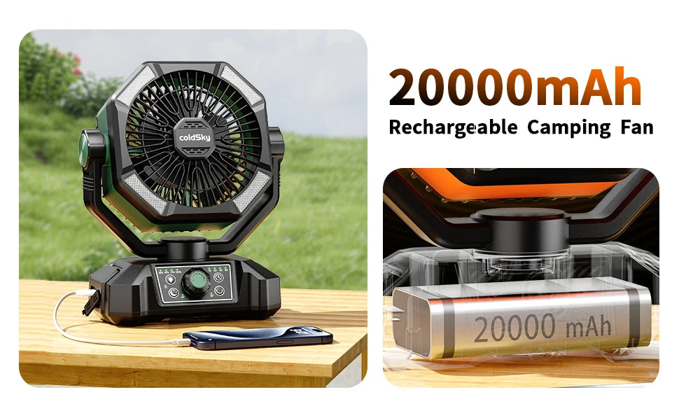 Camping-Ventilator mit Akku & LED-Licht | Tragbar für Outdoor & Zelt