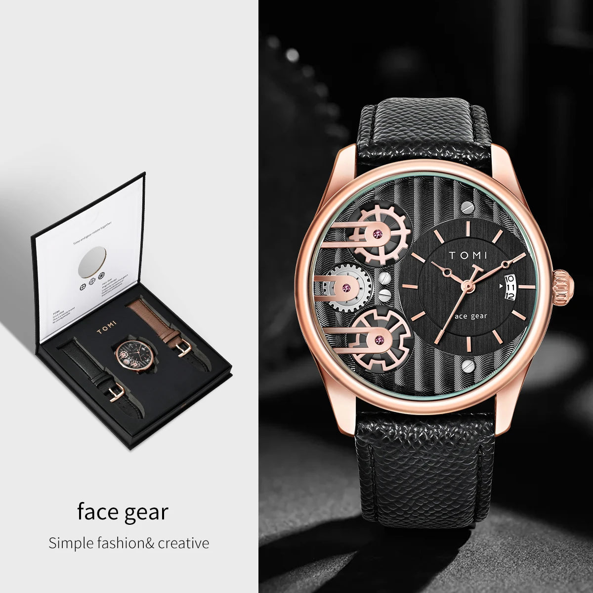 Herren Quarzuhr Geschenkset | 2 PU-Leder Armbänder | Schlicht, Business