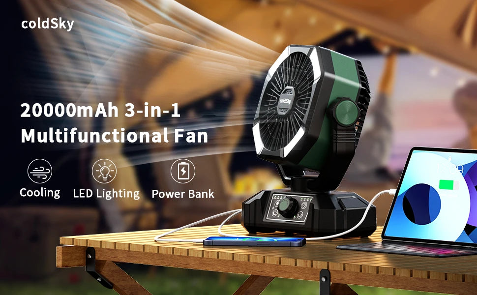 Camping-Ventilator mit Akku & LED-Licht | Tragbar für Outdoor & Zelt