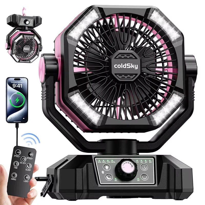 Camping-Ventilator mit Akku & LED-Licht | Tragbar für Outdoor & Zelt