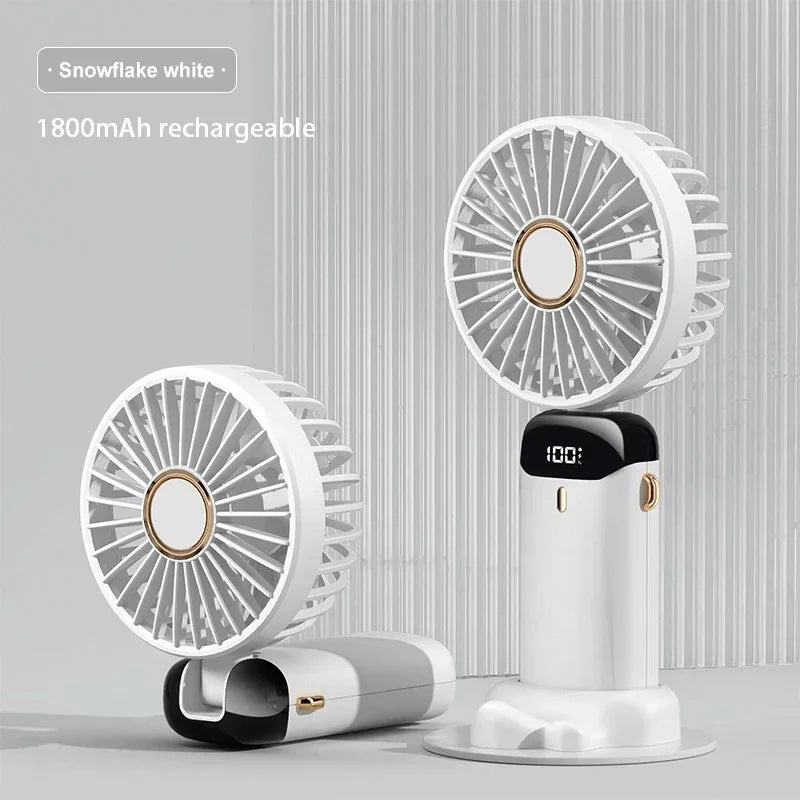 Tragbarer Mini-Handventilator / Halsventilator (faltbar) – 5 Geschwindigkeitsstufen, USB-aufladbar, mit Handyhalterung und Display, 1800 mAh
