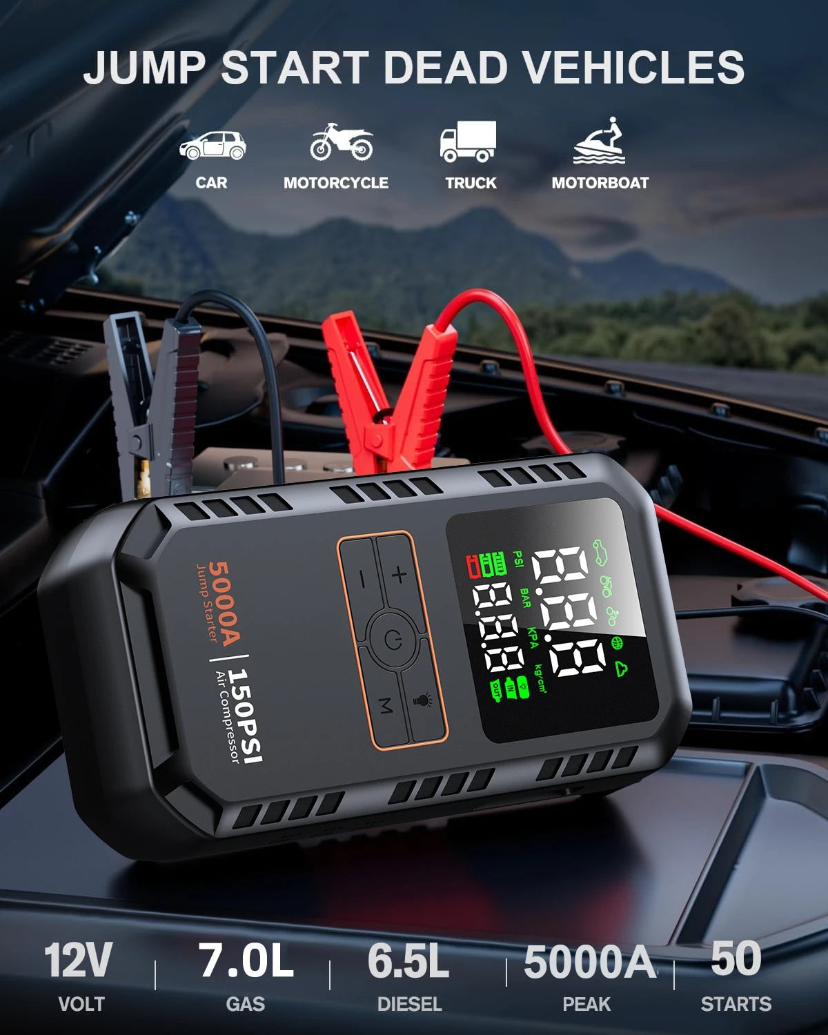 4-in-1 Auto-Starthilfe mit Kompressor – 12 V, Reifenfüller & Powerbank