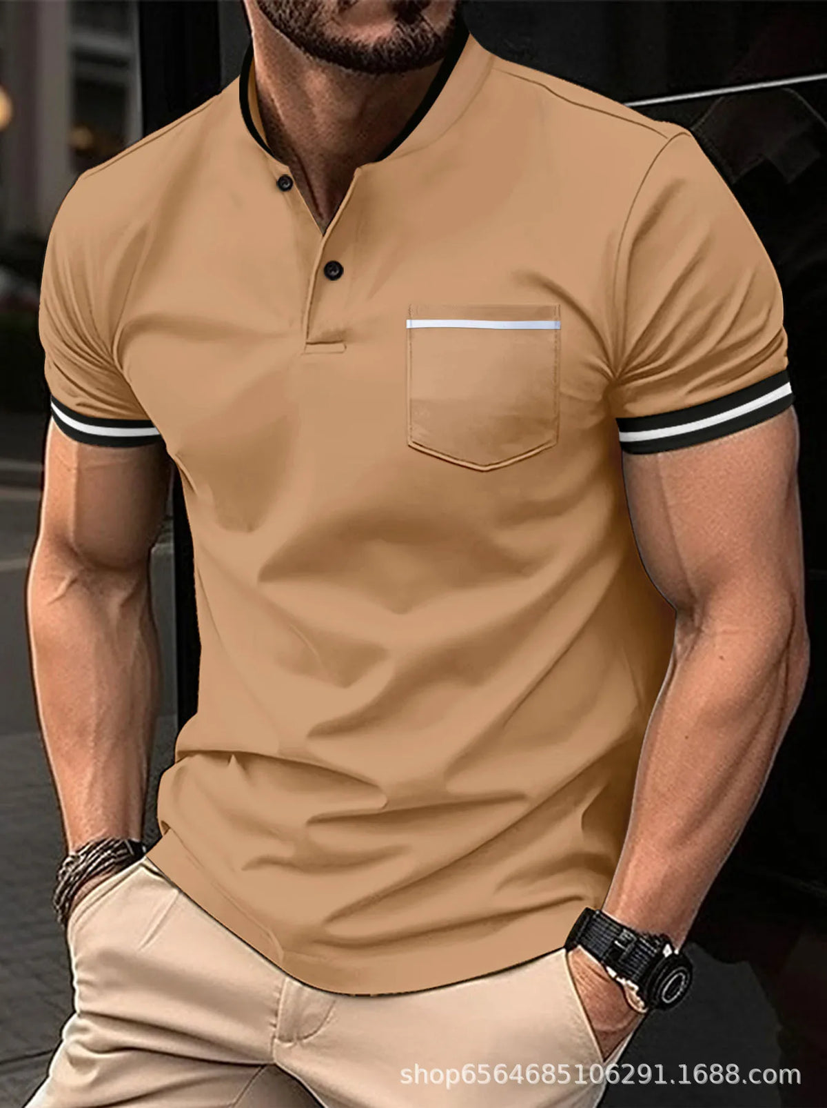 Herren Poloshirt Kurzarm | Stehkragen, Patchwork, atmungsaktiv