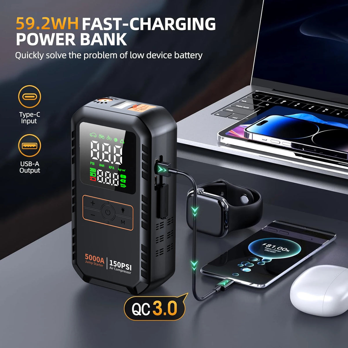 4-in-1 Auto-Starthilfe mit Kompressor – 12 V, Reifenfüller & Powerbank