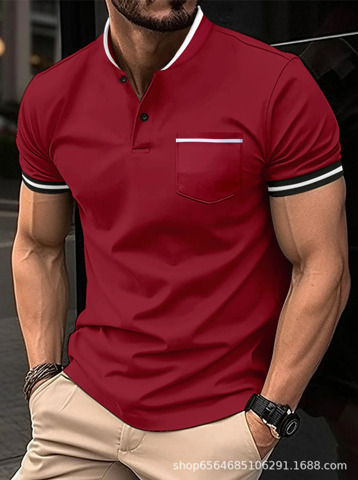 Herren Poloshirt Kurzarm | Stehkragen, Patchwork, atmungsaktiv