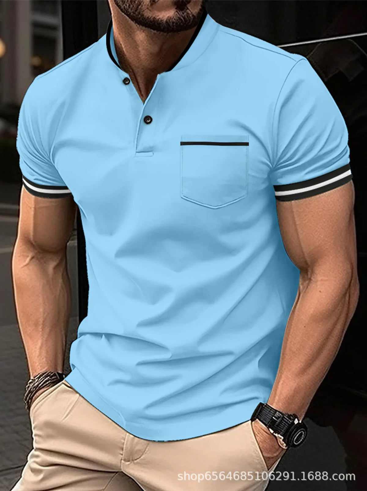 Herren Poloshirt Kurzarm | Stehkragen, Patchwork, atmungsaktiv