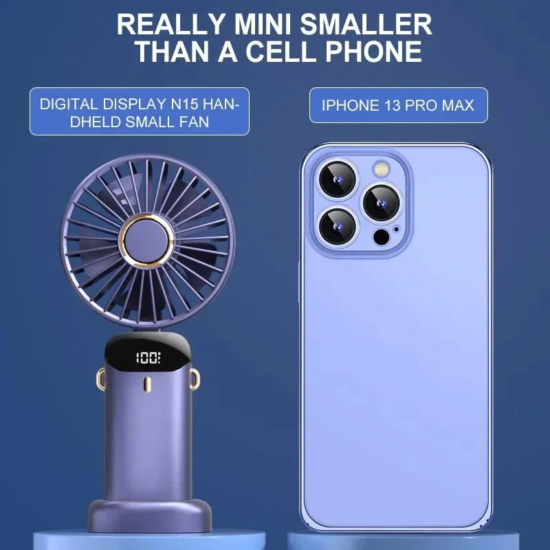 Tragbarer Mini-Handventilator / Halsventilator (faltbar) – 5 Geschwindigkeitsstufen, USB-aufladbar, mit Handyhalterung und Display, 1800 mAh