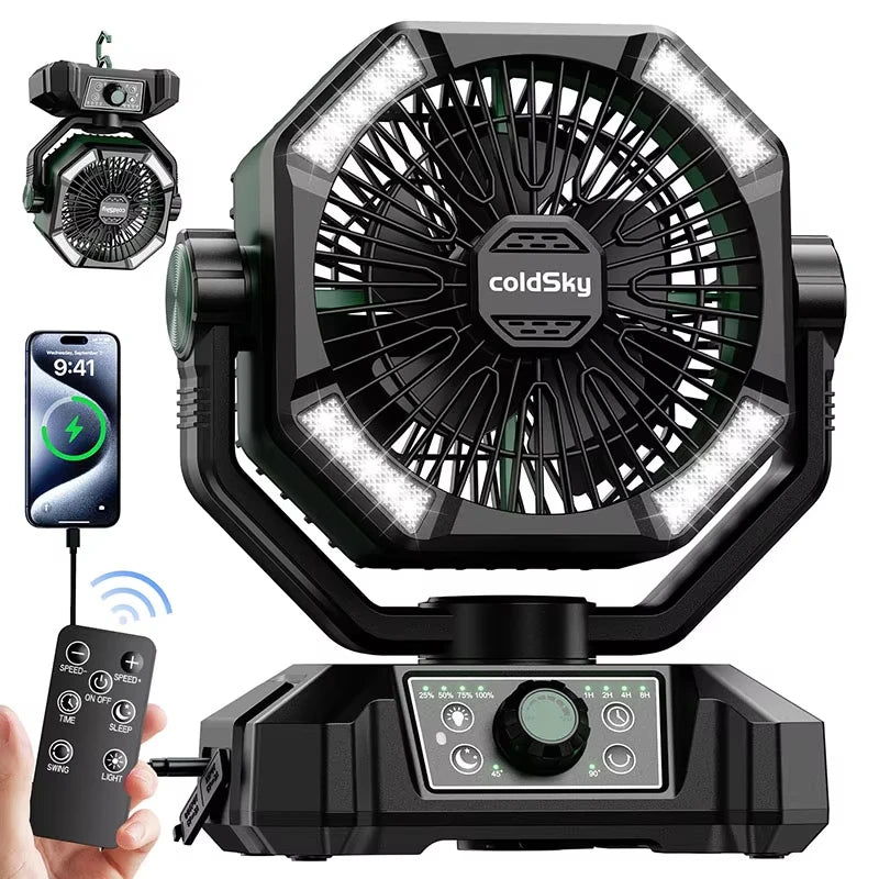 Camping-Ventilator mit Akku & LED-Licht | Tragbar für Outdoor & Zelt