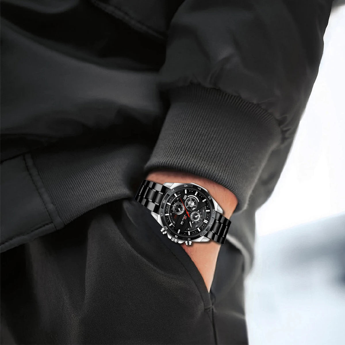 Schwarze Herren-Quarzuhr 216G mit Edelstahlarmband und sportlichem Racing-Design