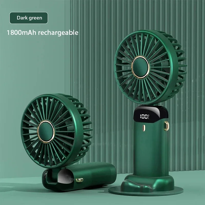 Tragbarer Mini-Handventilator / Halsventilator (faltbar) – 5 Geschwindigkeitsstufen, USB-aufladbar, mit Handyhalterung und Display, 1800 mAh