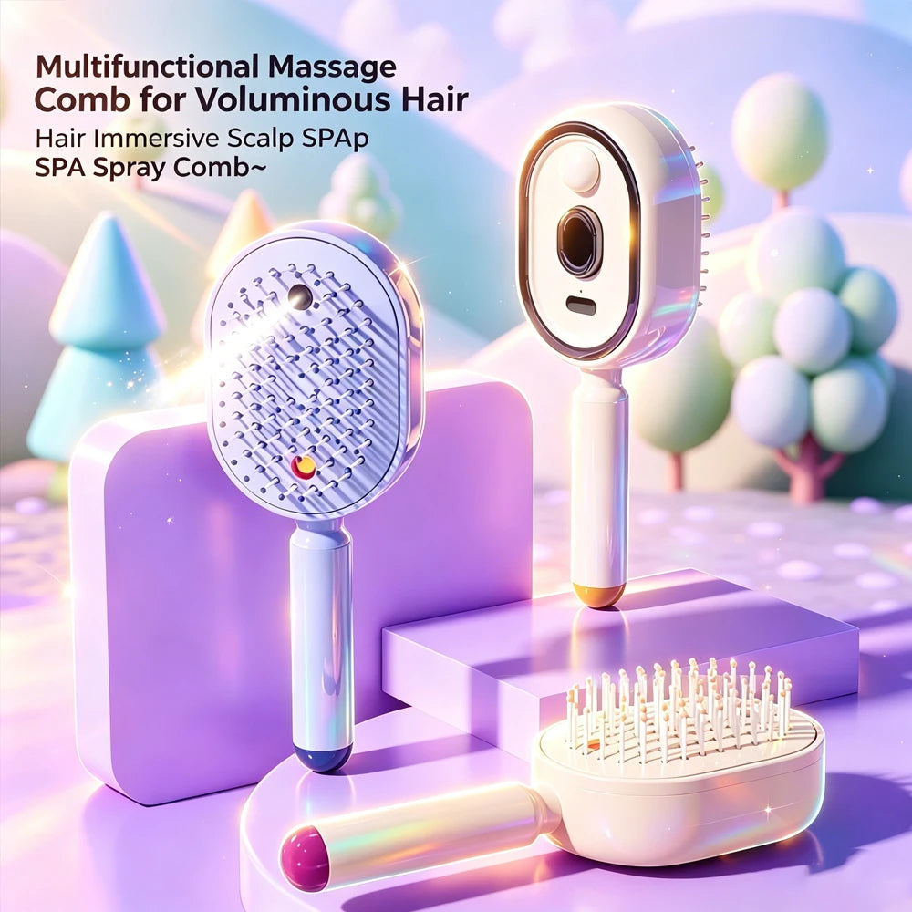 3-in-1 elektrischer Spray-Massagekamm mit Dampf-, Luftkissen- und Kopfhautmassagefunktion