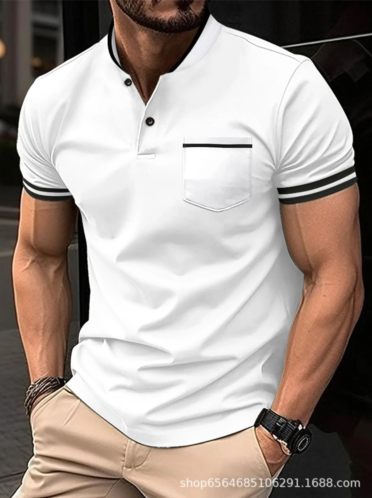 Herren Poloshirt Kurzarm | Stehkragen, Patchwork, atmungsaktiv